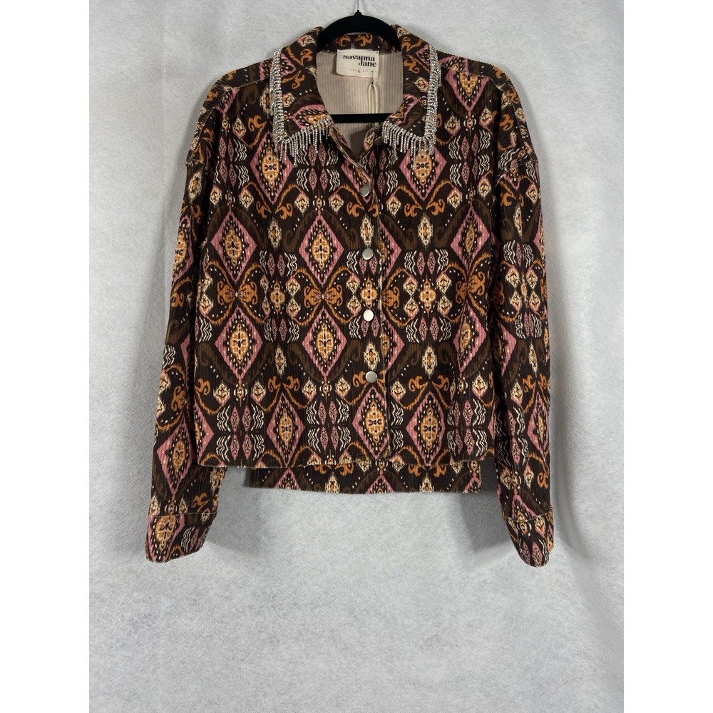 Savanna Jane Jacket Large Pink Brown Shaket Corduroy Aztec Rhinestones New